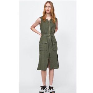 Zara Belted Linen Cargo Military Dress size Small